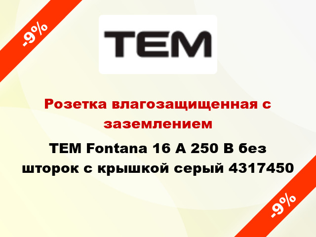 Розетка влагозащищенная с заземлением TEM Fontana 16 А 250 В без шторок с крышкой серый 4317450